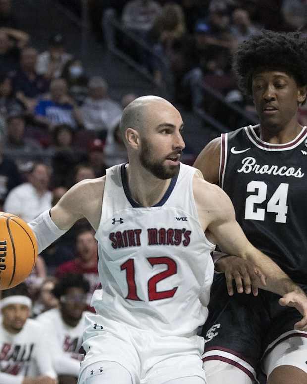 March 7, 2022; Las Vegas, NV, USA; Saint Mary's Gaels guard Tommy Kuhse (12) dribbles the basketball against Santa Clara Broncos guard Jalen Williams (24) during the first half in the semifinals of the WCC Basketball Championships at Orleans Arena. Mandatory Credit: Kyle Terada-USA TODAY Sports